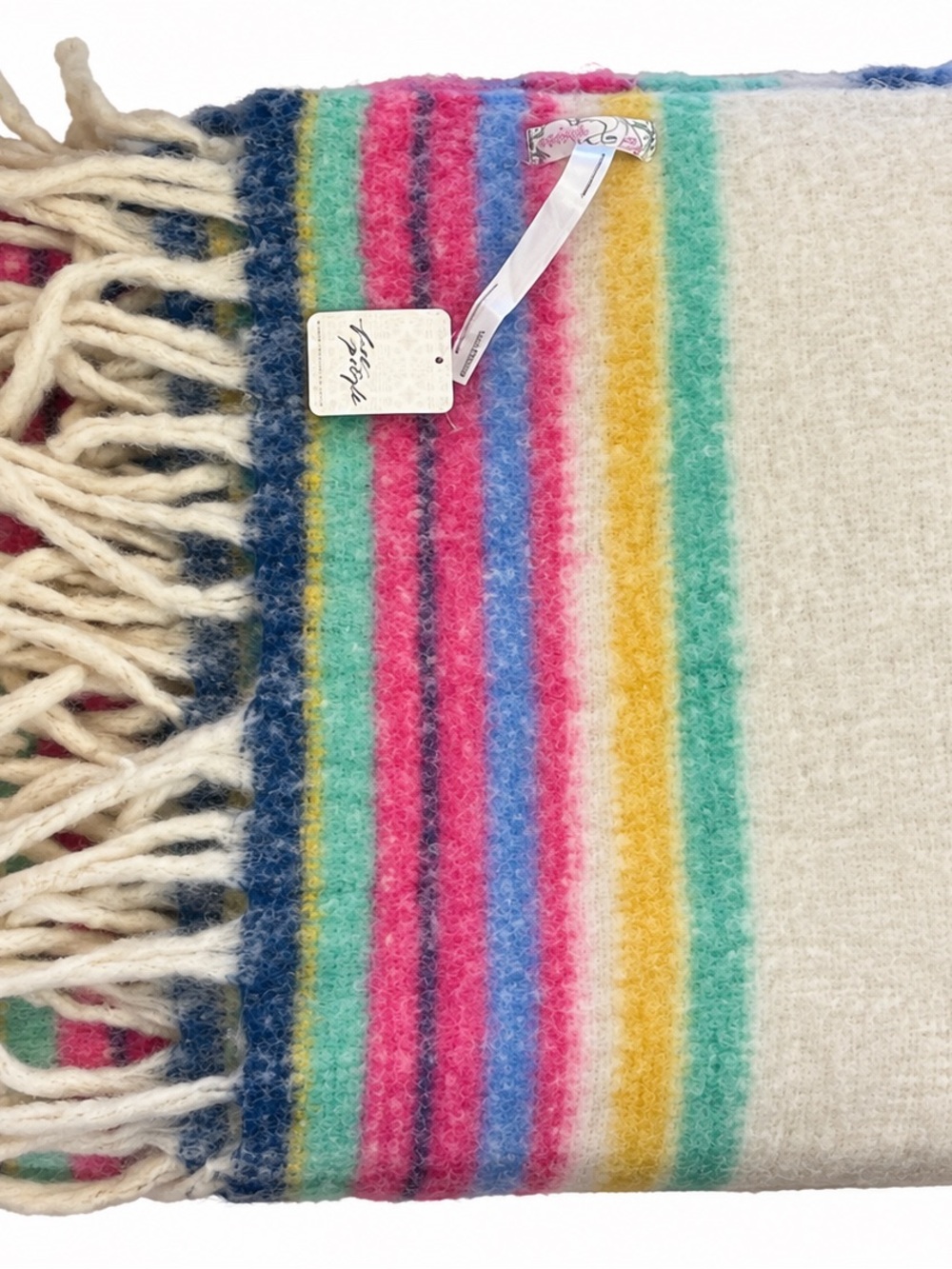 Free People Cream Throw Blanket with Multicolor Stripe Fringe